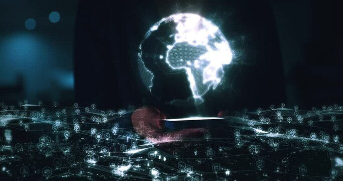 Business woman, phone or futuristic global networking on world globe or 3D design pattern in night office. Abstract zoom on company hiring manager hands, employee or worker and ai technology hologram