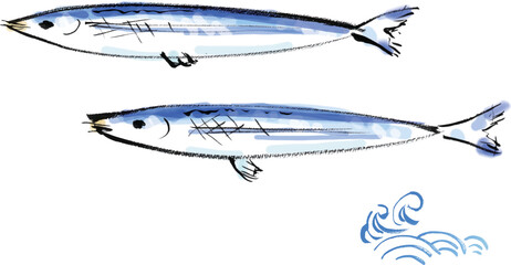 Obraz na płótnie Canvas 秋刀魚の泳いでる手描き和風イラスト