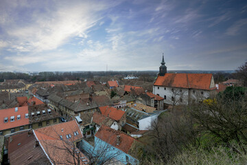 Novi Sad castle, top panoramic view of Novi Sad city rooftops and clouds touristic destination serbia