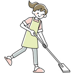 エプロンを着けてモップかけをする笑顔の若い女性