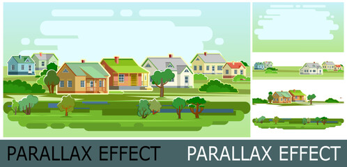 Outskirts of village. Suburb with small one-story and high-rise buildings. Image from layers for overlay with parallax effect. Cozy place of residence. Farm fields and land plots. Landscape vector.