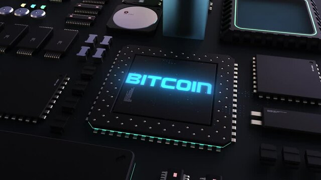 bitcoin header on the background of microprocessors on a circuit board . the concept of technology and computing power and crypto technology