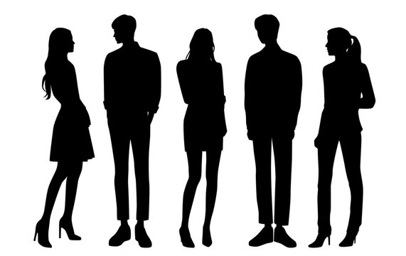 Vector silhouettes of  men and a women, a group of standing   business people, black  color isolated on white background