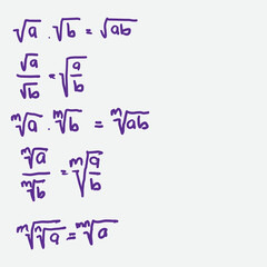 Math formula. Characteristics of the root form written by hand. High level math. Chapter Exponential and root form