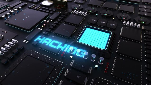 hacking the header on the background of a chip with a lot of processes. the concept of data protection and network security
