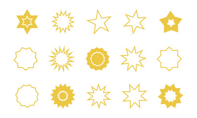 Set of Golden star sticker. Shiny stars logo. Decorative element for rating, service, ranking. Vector illustration