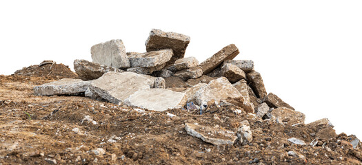 Low View Isolate Debris of large concrete blocks are piled up on the mounds of road demolition for...