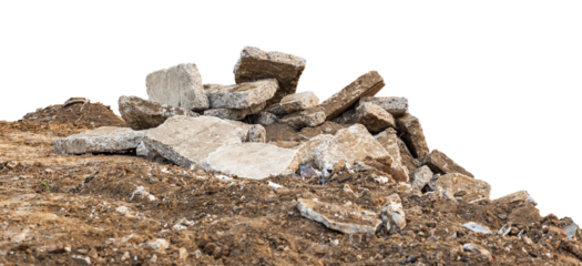 Low View Isolate Debris of large concrete blocks are piled up on the mounds of road demolition for renovations, which are common during the summer in rural Thailand.
