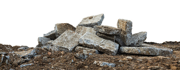 Low View Isolate Debris of large concrete blocks are piled up on the mounds of road demolition for...