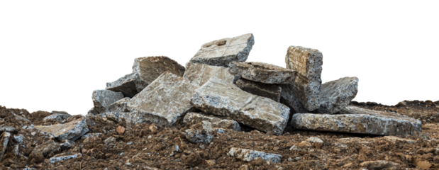 Low View Isolate Debris of large concrete blocks are piled up on the mounds of road demolition for renovations, which are common during the summer in rural Thailand.