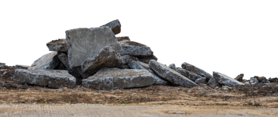 Low View Isolate Debris of large concrete blocks are piled up on the mounds of road demolition for renovations, which are common during the summer in rural Thailand.