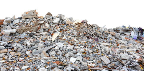 Ruins isolates, small fragments of concrete, brick and tile piled up like mountains from demolition...