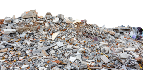Ruins isolates, small fragments of concrete, brick and tile piled up like mountains from demolition of houses, have been dumped on the ground in rural Thailand.