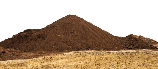 View of isolates of brown ray loam piled up like mountains on yellow sandy soil prepared to fill...