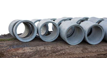 Low view isolates, large concrete pipes lined up on the ground beside roads awaiting construction and renovation, are common in rural Thailand.