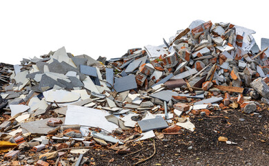 Ruins isolates, small fragments of concrete, brick and tile piled up like mountains from demolition...