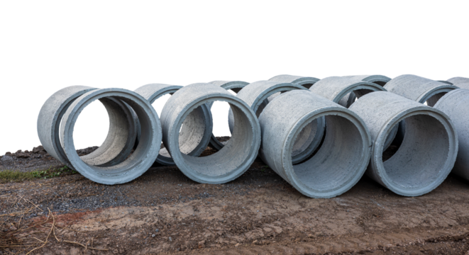 Low view isolates, large concrete pipes lined up on the ground beside roads awaiting construction and renovation, are common in rural Thailand.