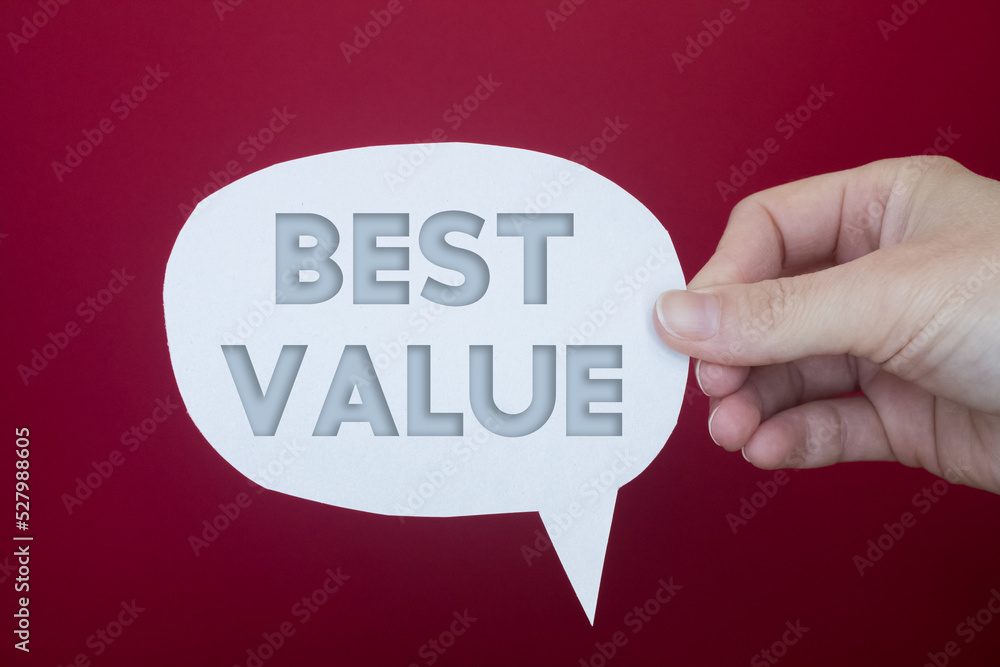 Poster speech bubble in front of colored background with best value text.