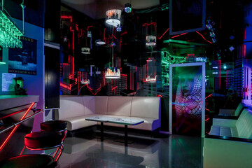 Background of room of closed private club in brothel is furnished modernly, where people nightlife...