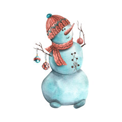 Fototapeta premium A snowman in a knitted hat, a scarf with Christmas tree balls on branches, toys, against the white background. Watercolor illustration. The isolated of a large set of COZY WINTER