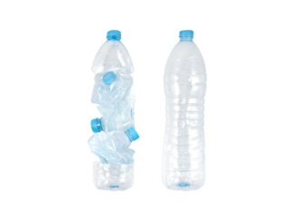 Whole and crushed plastic bottles isolated transparent png. Efficient garbage transportation concept. Volume comparison.