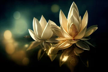Lotus-Goldlicht mit Perlen, die auf einem glitzernden Hintergrund schweben. Nahaufnahme einer Lotusblume mit Reflexion im Wasser, weiße Lilie im Mondlicht. Bild für Hochzeitseinladungen. 3D-Rendering © Viks_jin