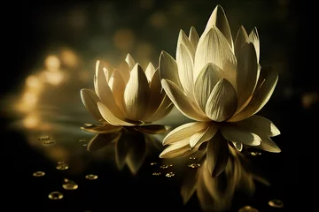 Lotus-Goldlicht mit Perlen, die auf einem glitzernden Hintergrund schweben. Nahaufnahme einer Lotusblume mit Reflexion im Wasser, weiße Lilie im Mondlicht. Bild für Hochzeitseinladungen. 3D-Rendering © Viks_jin