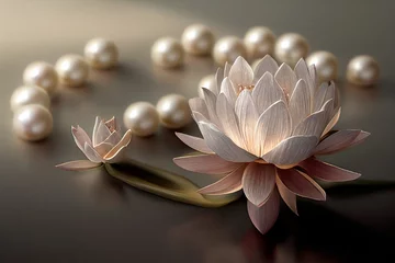 Lotosrosa Licht mit Perlen auf glitzerndem Hintergrund. Nahaufnahme einer Seerosenblume mit Knospen. Bild für Hochzeitseinladungen, Pakete und Karten. 3D-Rendering. © Viks_jin