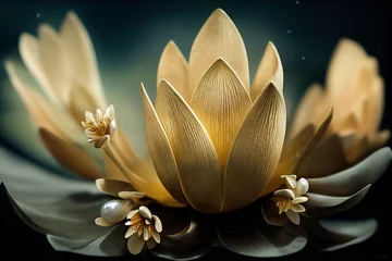 Lotosgoldlicht mit Perlen auf einem funkelnden Hintergrund. Nahaufnahme einer Lotus-, Seerosenblume mit Knospen. Bild für Hochzeitseinladungen. 3D-Rendering © Viks_jin