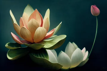 Lotosrosa Licht mit Perlen, die auf einem funkelnden Hintergrund schweben. Nahaufnahme einer Lotusblüte mit Knospen. Bild für Hochzeitseinladungen. 3D-Rendering © Viks_jin