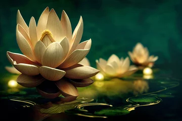Lotus-Goldlicht mit Perlen, die auf einem glitzernden Hintergrund schweben. Nahaufnahme einer Lotusblume mit Reflexion im Wasser, weiße Lilie im Mondlicht. Bild für Hochzeitseinladungen. 3D-Rendering © Viks_jin