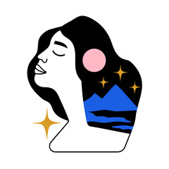 Colored abstract vector illustration with woman head, blue mountains, yellow stars and pink moon. Trendy female apparel print design