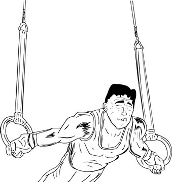 recommend clip art: Man doing ring gymnastics vector, ring gymnastics player cartoon doodle sketch drawing, gymnastic player silhouette clip art