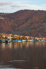 View of Danube river and Orsova city, waterfront view. Orsova, Romania, 2020