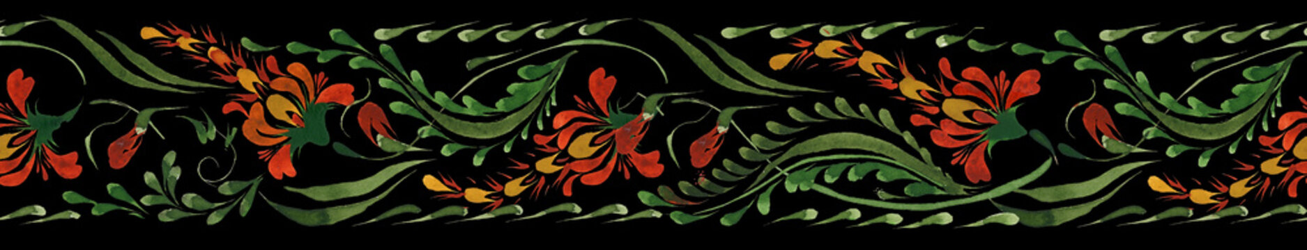 Ukrainian folk painting style Petrykivka. Floral watercolor seamless border pattern from red lupine flowers and green leaves on a black background. Ethnic design