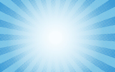 Sun rays retro vintage style on blue background, Comic pattern with starburst and halftone. Cartoon retro sunburst effect with dots. Rays. Summer banner vector illustration