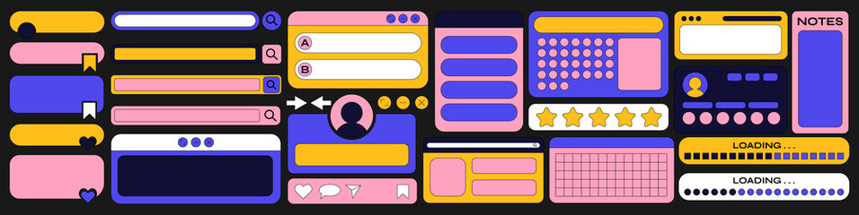 Retro cartoon set of web pages pc.old computer style. geometric frames in 90s memphis style. Set of user interface elements. Retro browser computer window. vector promo banner for design and print - obrazy, fototapety, plakaty