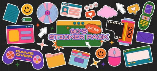 Hippie retro stickers, 90s game style and web frames. Funny cartoon joystick, dvd disk, film, old computer, vintage set of vector elements in groove style. © Limpreom
