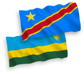 National vector fabric wave flags of Republic of Rwanda and Democratic Republic of the Congo isolated on white background. 1 to 2 proportion.