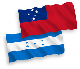 Fototapeta na wymiar National vector fabric wave flags of Independent State of Samoa and Honduras isolated on white background. 1 to 2 proportion.