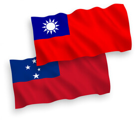 National vector fabric wave flags of Independent State of Samoa and Taiwan isolated on white background. 1 to 2 proportion.