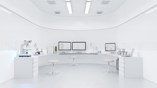 Scientific laboratory white room. can be used in education, science industry background. Designed in minimal concept.3D Render.