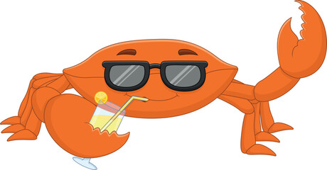 cartoon cute crab drinking and wearing sunglasses © lawangdesign