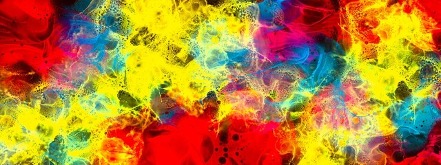 Colored abstract background made with alcohol ink technique, modern illustration isolated on black backdrop, fiery burning energy, watercolor painting with explosion concept