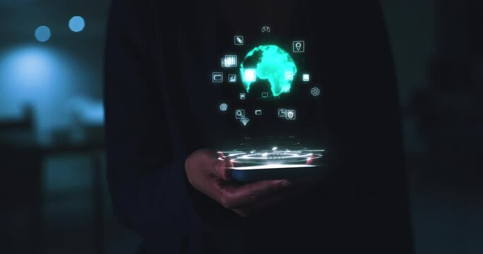 Smartphone 3D hologram, global networking or worldwide software of big data on internet or social media and dark cyber security, scifi background. Digital tech, cyberpunk and futuristic IT user hand
