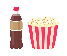 Popcorn in cardboard box and soda water for friends watching movie in cinema theater