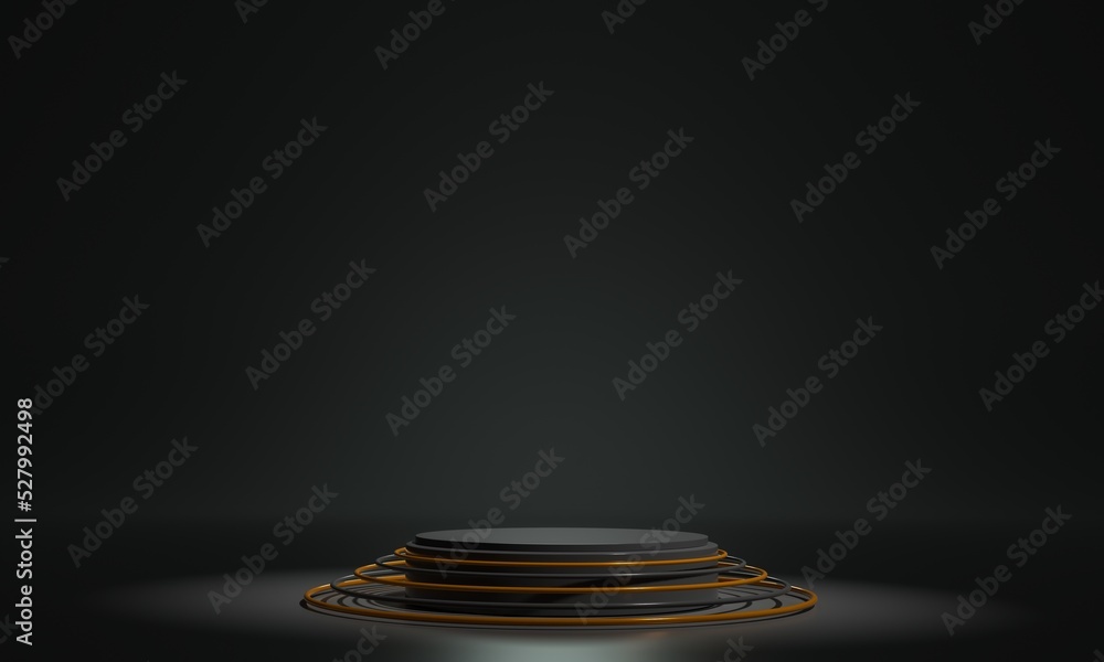 Poster empty podium for product backdrop with golden circle in the middle on 3d rendering