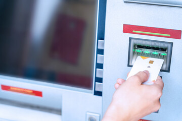Atm machine screen. Hand holding money bank credit card. Withdraw money cash from atm. Money stack,...
