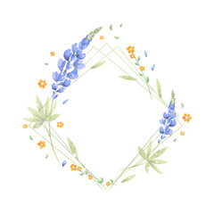 Frame of flowers and leaves in watercolor technique. A greeting card.