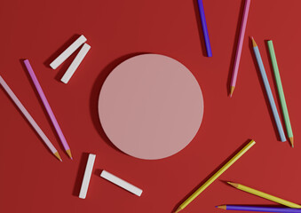 Bright maroon, dark red 3D illustration back to school product display one podium or stand top view, flat lay, from above with pencils and chalk on table for product photography background wallpaper